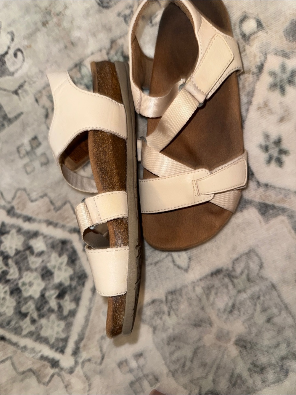 Earth Origins Strappy Comfort Sandals in Cream, w/2 adjustable Velcro fasteners.